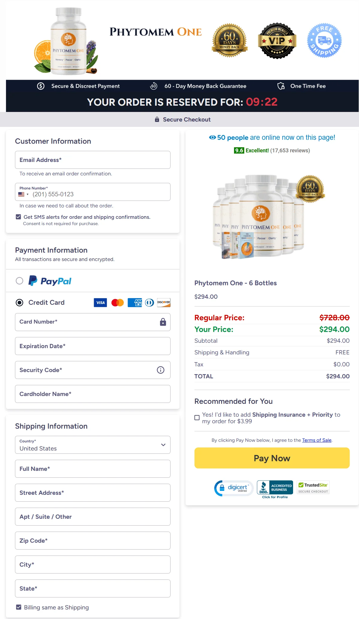 Phytomem One secure checkout order page